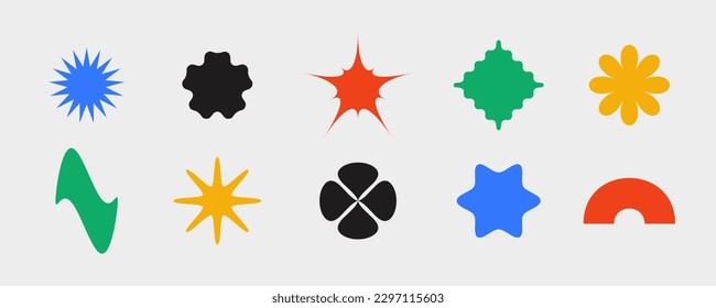 Primitive Kollektion geometrischer Formen. Abstrakte Sterne, Blumen, Wellen, Bogenformen im Schweizer oder Bauhausstil. Brutalistische Elemente für Poster, Banner, Collage. Vektorzeichen. 