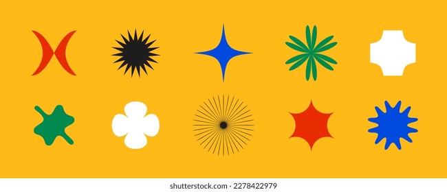 Primitive geometric shapes set. Colorful abstract stars and flowers forms in Swiss or bauhaus style. Brutalist elements collection for poster, banner, collage. Vector signs. 