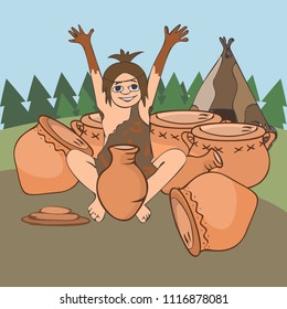 primitive girl molding pots outdoors,  vector cartoon illustration of prehistoric age