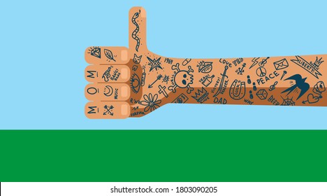 A primitive hand drawn with many simple yet trendy tattoos on a variety of themes throughout the area