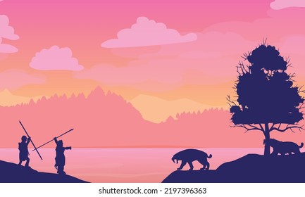 Primitive hunters and saber-toothed tigers against the backdrop of a beautiful landscape. Vector illustration.