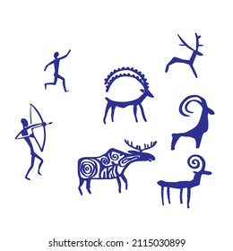 Primitive hunting men silhouette with deers and bull. Rock painting style. Vector hand drawn illustration isolated on white background. Image of cave people everyday life. Art element for design.