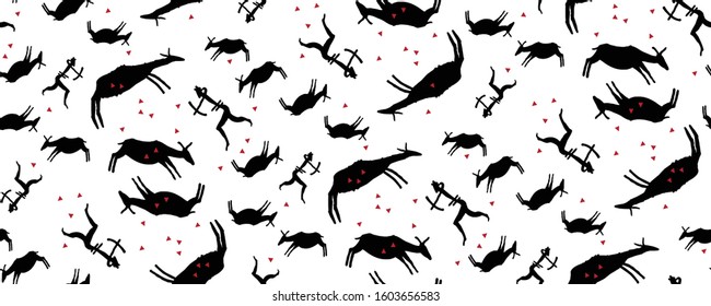 Primitive hunting. Stylization. seamless pattern, silhouette of a man in an animal mask shoots a bow in two ungulate animals. Vector. Isolated on white background.