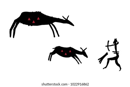 Primitive hunting. Stylization. The silhouette of a man in an animal mask shoots a bow in two ungulate animals. Vector. Isolated on white background.