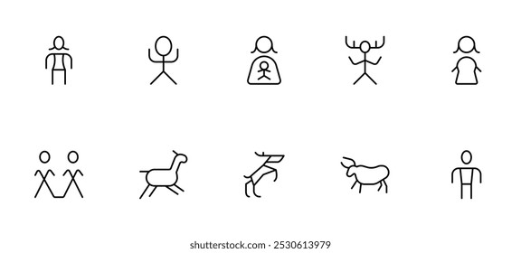 Primitive Symbol- und Strichzeichensatz. Eine Sammlung von primitiven und Strichfiguren-Symbolen, die menschliche und tierische Formen darstellen und einfache Illustrationen von Menschen, Hirschen und anderen Formen darstellen.