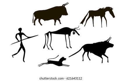 Primitive image of animals and man like images on walls of caves