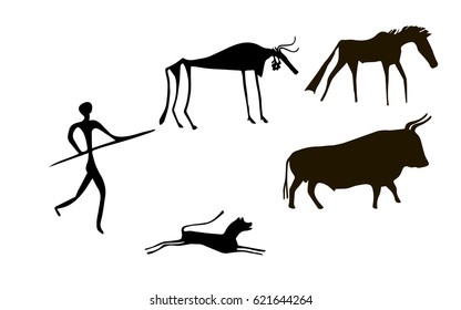 Primitive image of animals and man like images on walls of caves