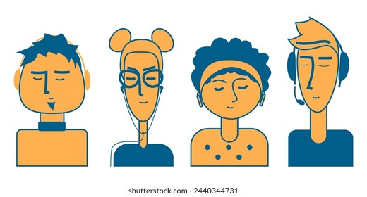 Primitive image of two boys and two girls wearing headphones of different types in yellow and blue colours