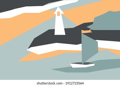 primitive landscape with lighthouse and boat