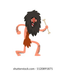 Primitivo cavernoso de cabello largo corriendo con hueso, edad de piedra personaje prehistórico hombre caricatura vectorial Ilustración en fondo blanco