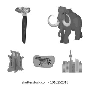 Primitive, mammoth, weapons, hammer .Stone age set collection icons in monochrome style vector symbol stock illustration web.