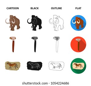 Primitive, mammoth, weapons, hammer .Stone age set collection icons in cartoon,black,outline,flat style vector symbol stock illustration web.