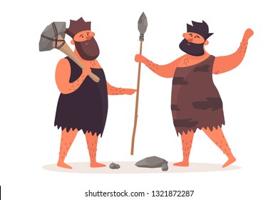 A primitive man with an ax is talking beside a man with a spear. Prehistoric people dressed in pelts on a white isolated background. The life of Neanderthals and cavemen. Vector flat illustration. 