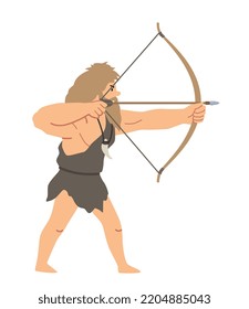 Primitive man with bow. Young bearded archer aims at target, hunter or guard. Obtaining food and killing dangerous animals. Poster or banner for website, BC. Cartoon flat vector illustration
