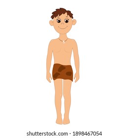 A primitive man, a boy, stands erect and is dressed in a brown animal skin. Vector illustration of ancient times isolated on white background.