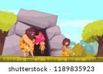 Primitive man cartoon vector illustration with caveman family dressed in animal pelts eating meat near their cave 