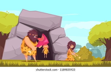 Primitive man cartoon vector illustration with caveman family dressed in animal pelts eating meat near their cave 