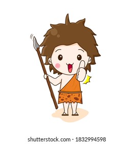 Primitive man cartoon. Vector illustration of cute chibi character isolated on white background. 