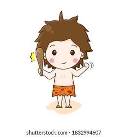Primitive man cartoon. Vector illustration of cute chibi character isolated on white background. 