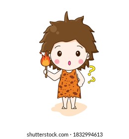 Primitive man cartoon. Vector illustration of cute chibi character isolated on white background. 