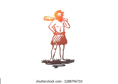 Primitive, man, caveman, ancient, neanderthal concept. Hand drawn primitive man with baton concept sketch. Isolated vector illustration.