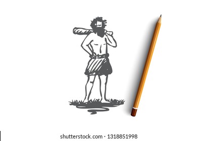 Primitive, man, caveman, ancient, neanderthal concept. Hand drawn primitive man with baton concept sketch. Isolated vector illustration.