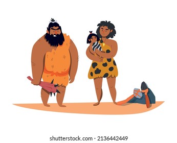 Primitive man caveman composition with cartoon characters of prehistoric tribal man with woman holding baby vector illustration