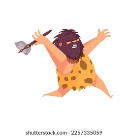 Primitive man caveman composition with cartoon human character of ancient person hunting vector illustration
