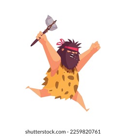 Primitive man caveman composition with cartoon human character of ancient person hunting vector illustration