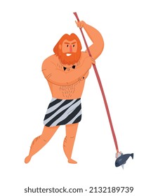 Primitive man caveman composition with character of ancient man catching fish with spear vector illustration