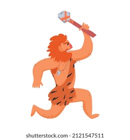 Primitive man caveman composition with isolated character of running man holding stone hammer vector illustration