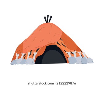 Primitive man caveman composition with isolated image of ancient tent shelter covered with animal hides vector illustration