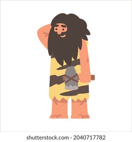 Personaje masculino primitivo de la edad de piedra llevando piel animal y sosteniendo la ilustración del vector del sombrero