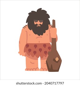 Primitive Man Character from Stone Age Wearing Animal Skin and Holding Bludgeon Vector Illustration