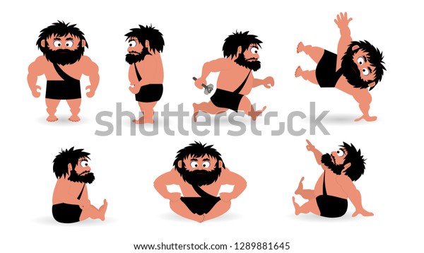 primitive man in different poses on a white\
background. set of vector\
images