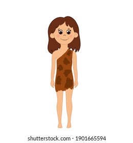 A primitive man, a girl, stands erect and is dressed in a brown animal skin. Vector illustration of ancient times isolated on white background.