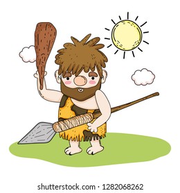 primitive man hunting with spear and mallet