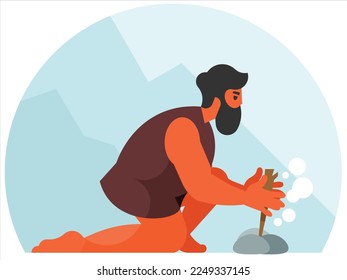 Primitive man makes fire. man in animal skin starting fire with wooden stick. Vector graphics