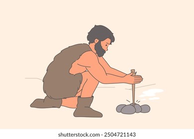 Primitive man makes fire using tree branch and stones in process of evolutionary development. Primitive neanderthal dressed in animal skin wants fire to cook food or scare away predators