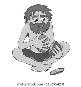 primitive man making flint tool, funny vector cartoon illustration of human evolution