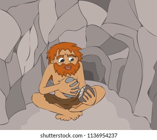primitive man making stone tool in the cave, vector cartoon illustration of flintknapping