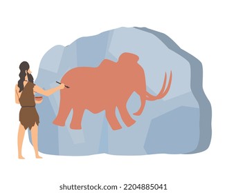 Primitive man painter. Bearded guy with brush and pot paints mammoth in cave. Creative and art, scenes BC. History and archeology. Graphic element for website. Cartoon flat vector illustration