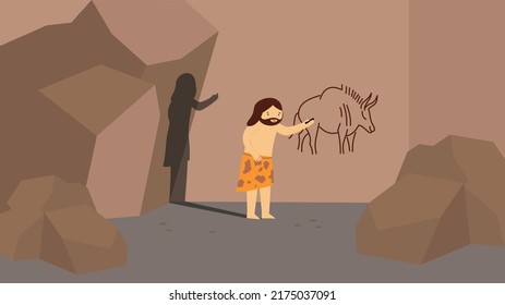 primitive man painting in a cave