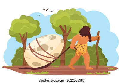 Primitive man with prehistoric dinosaur egg vector illustration. Cartoon stone age hungry hunter, caveman character dragging, hunting dino egg, prehistory ancient era scene isolated on white background