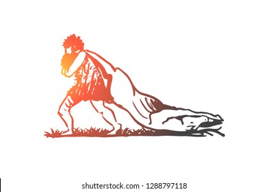 Primitive, man, prey, caveman, hunter concept. Hand drawn primitive man with prey concept sketch. Isolated vector illustration.