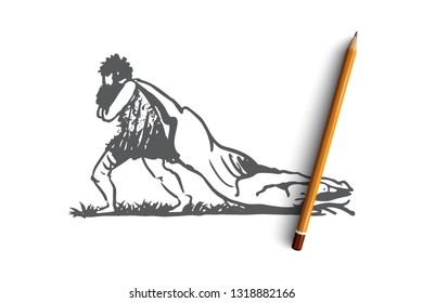 Primitive, man, prey, caveman, hunter concept. Hand drawn primitive man with prey concept sketch. Isolated vector illustration.