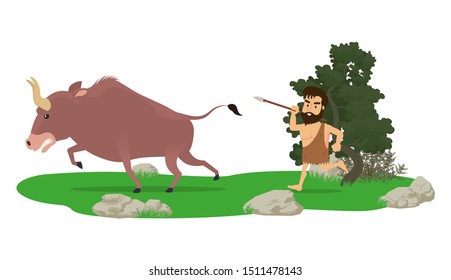 Primitive man preys on a bison. Vector illustration, flat design style. Isolated on a white background.