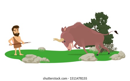 Primitive man preys on a bison. Vector illustration, flat design style. Isolated on a white background.