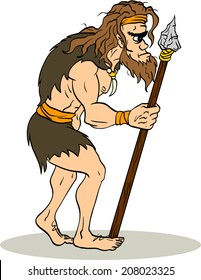 Primitive man is in profile with a spear. Isolated illustration of prehistoric man.