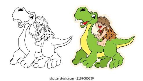 Primitive man sitting on a green dinosaur.Vector cartoon illustration.Coloring book for children